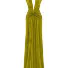 Green V-neck maxi dress with drape detailing from AWAVE, front and back view, flowing fabric and elegant design.