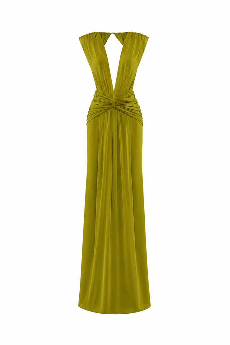 Green V-neck maxi dress with drape detailing from AWAVE, front and back view, flowing fabric and elegant design.