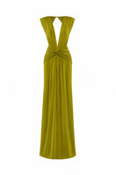 Green V-neck maxi dress with drape detailing from AWAVE, front and back view, flowing fabric and elegant design.