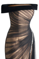 Black off-shoulder organza gown by Happy Clothing featuring flowing fabric and elegant design for formal occasions.