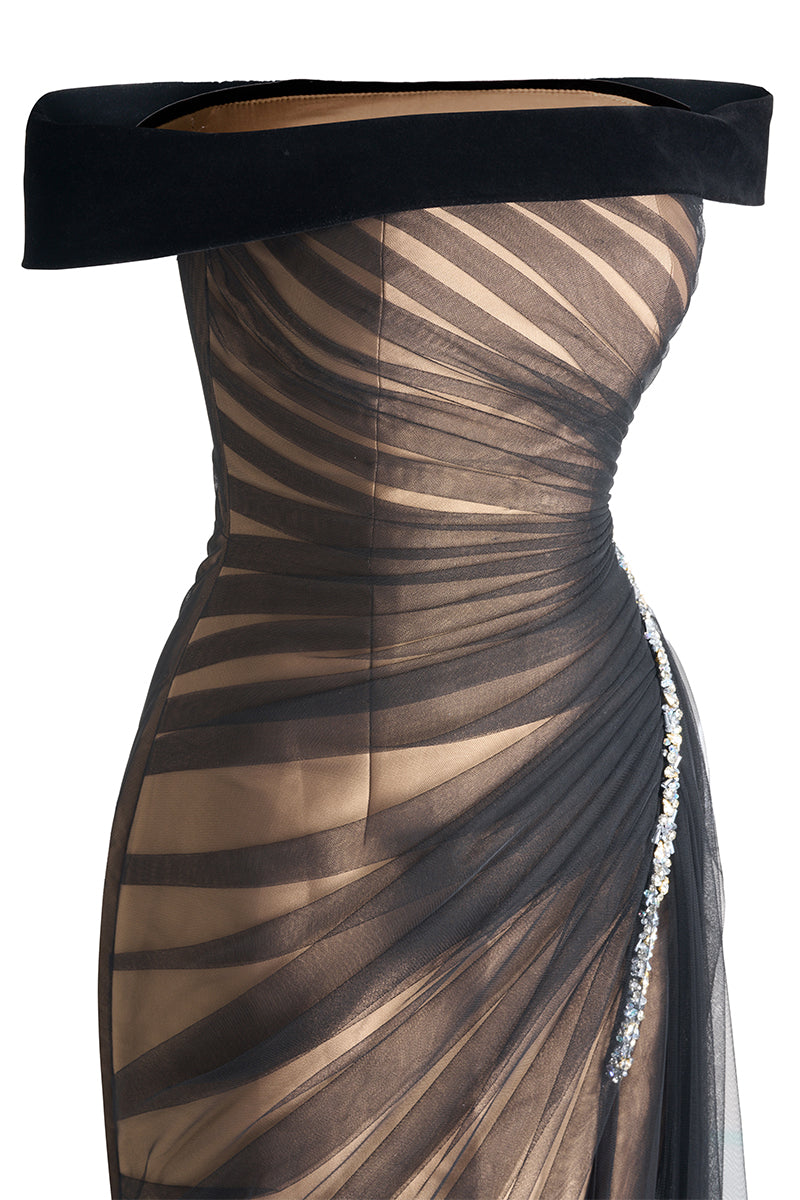 Black off-shoulder organza gown by Happy Clothing featuring flowing fabric and elegant design for formal occasions.