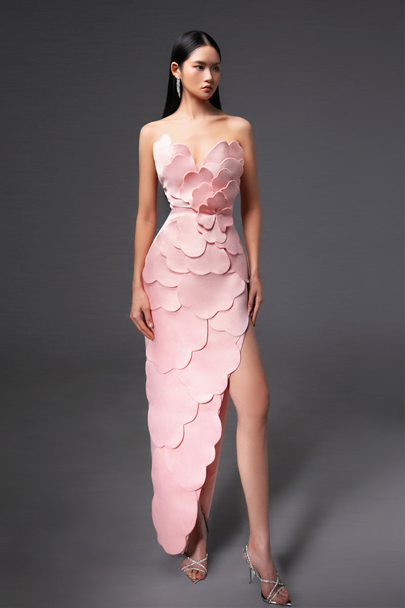 Pink CULT MIA X HAPPY CLOTHING pegged sleeveless taffeta gown, elegant dress with a fitted bodice and flowing skirt.