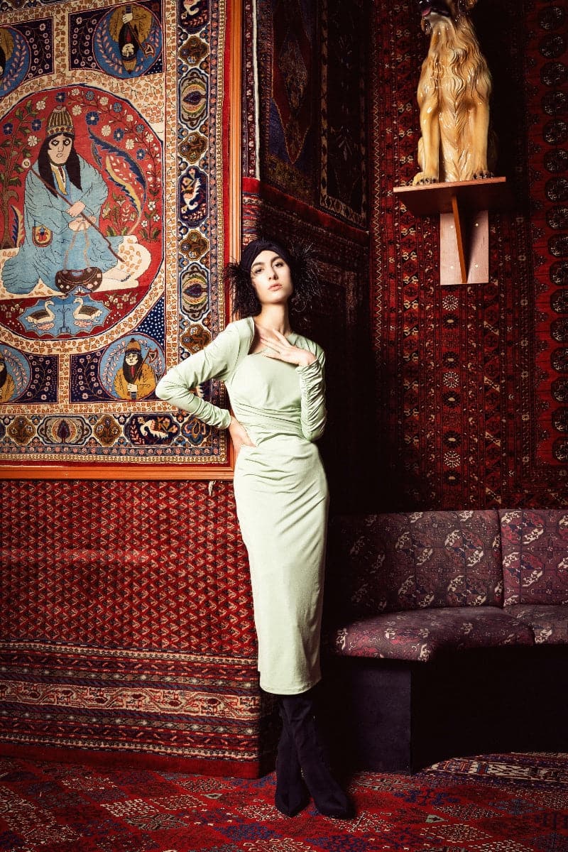 GREEN RUCHED ASYMMETRIC JERSEY MIDI DRESS - CULT MIA