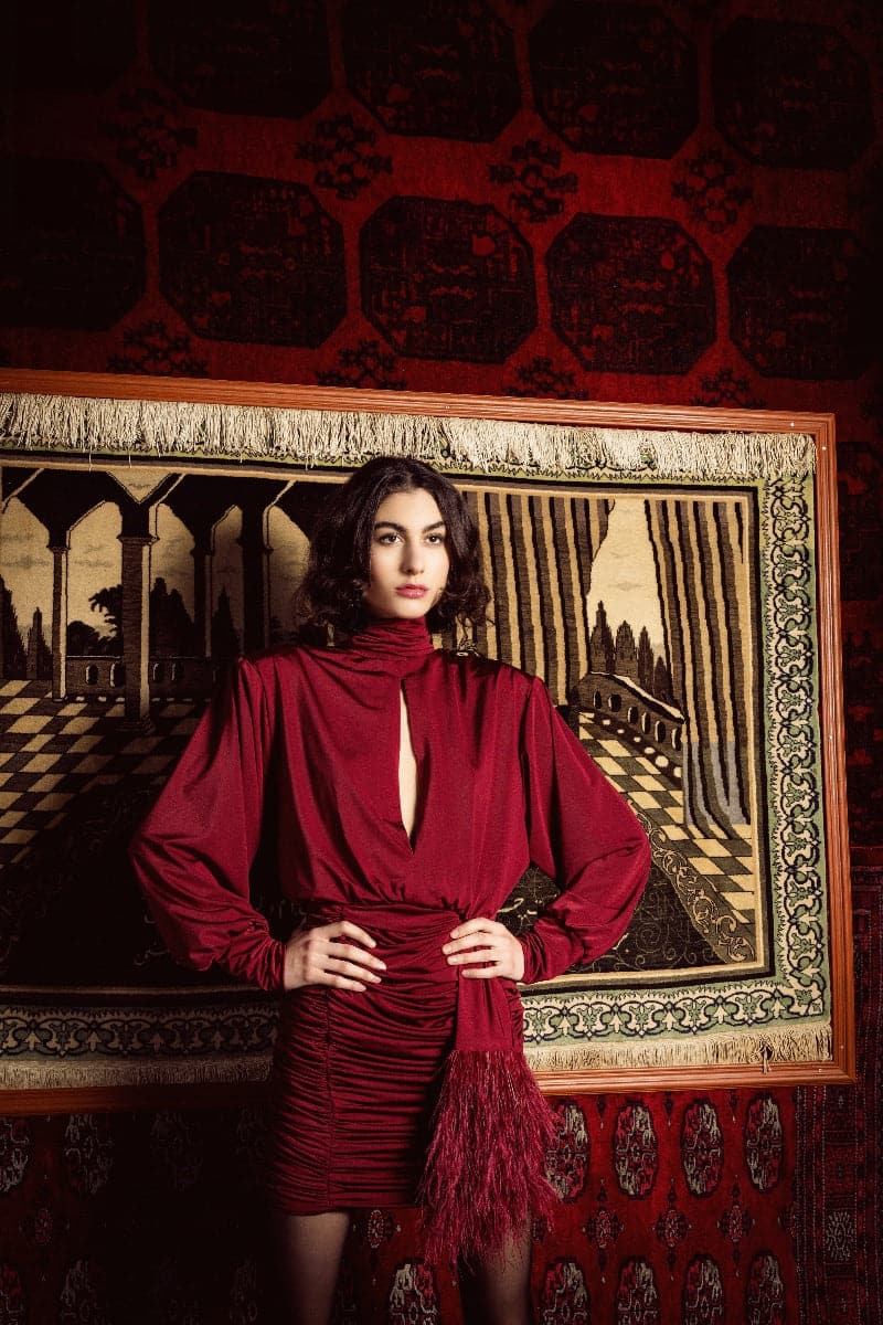 BURGUNDY RUCHED FEATHER-TRIMMED MINI DRESS | CULT MIA | Nana Gotti BURGUNDY RUCHED FEATHER-TRIMMED MINI DRESS | CULT MIA | Nana Gotti
