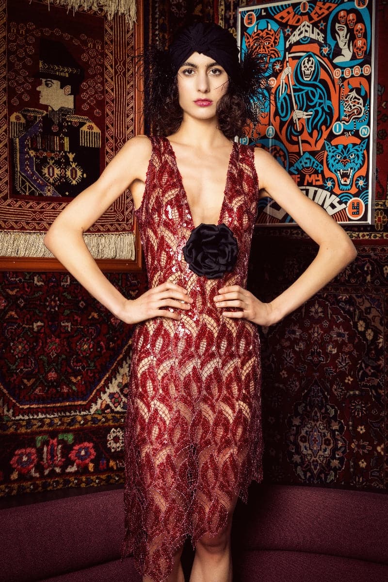 ASYMMETRIC SEQUINED LACE MINI DRESS WITH DETACHABLE ROSE - CULT MIA