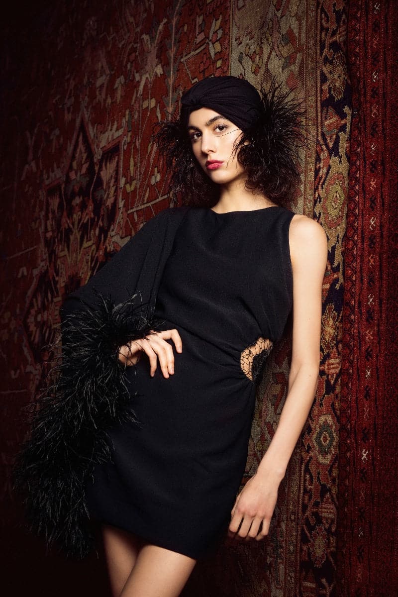 ONE-SHOULDER FEATHER-TRIMMED LACE MINI DRESS - CULT MIA