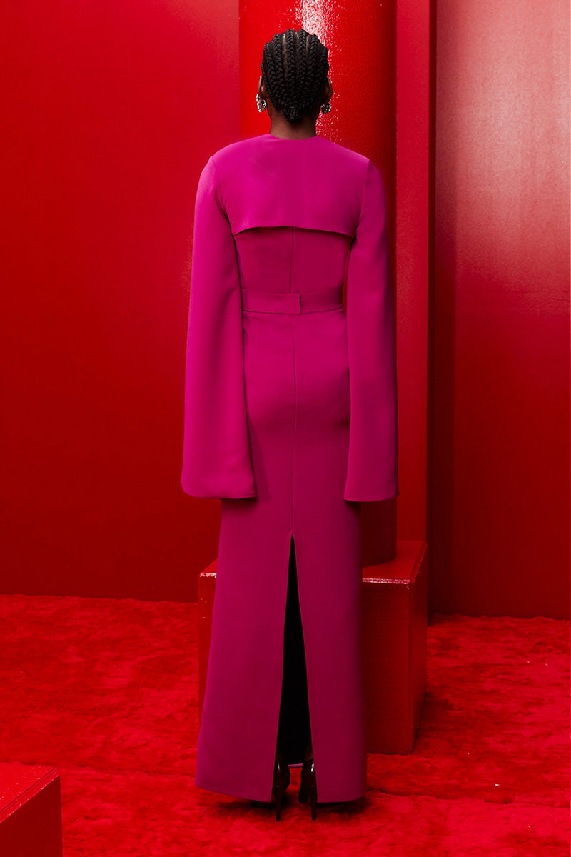 ONE-SHOULDER DRESS WITH CAPE SLEEVES IN DEEP MAGENTA - CULT MIA