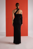 Black Joanna Andraos gown with detachable sleeves, showing the back view and elegant design details.