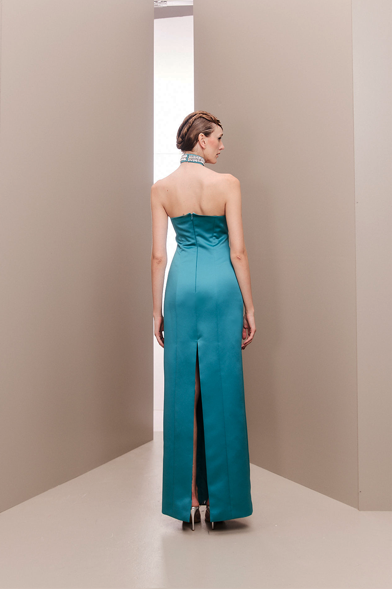 CORSET GOWN WITH BEDAZZLED CHOKER ACCENT - CULT MIA