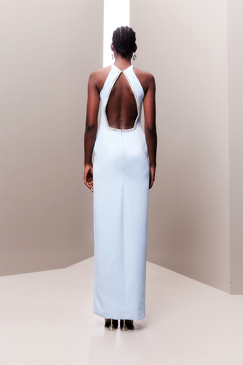 BABY BLUE ADORNED OPEN BACK MAXI DRESS - CULT MIA