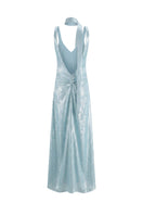 Aisl blue pleated V-neck evening gown viewed from the back, featuring flowing fabric and elegant design.