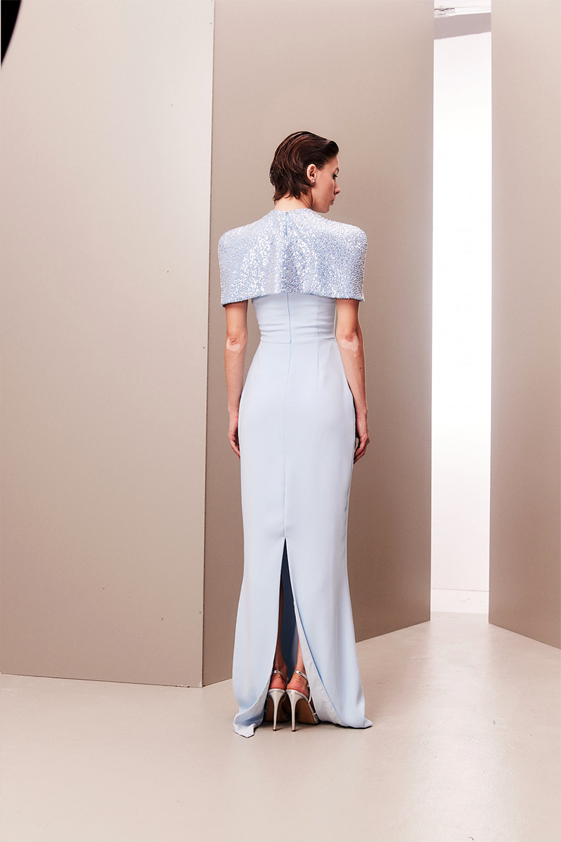 BABY BLUE CORSET DRESS WITH DETACHABLE EMBROIDERED CAPE - CULT MIA