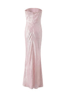 Aisl strapless pink maxi dress shown from the back, flowing fabric and elegant design perfect for formal occasions.