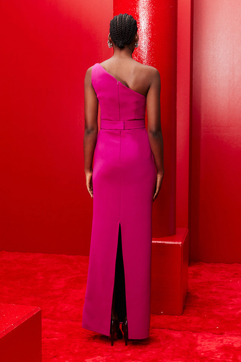 ONE-SHOULDER DRESS WITH CAPE SLEEVES IN DEEP MAGENTA - CULT MIA