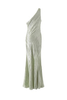 Aisl green one-shoulder maxi dress shown from the back, flowing fabric, and elegant design perfect for formal occasions.
