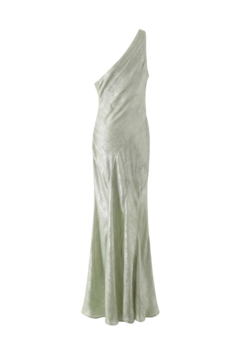 Aisl green one-shoulder maxi dress shown from the back, flowing fabric, and elegant design perfect for formal occasions.