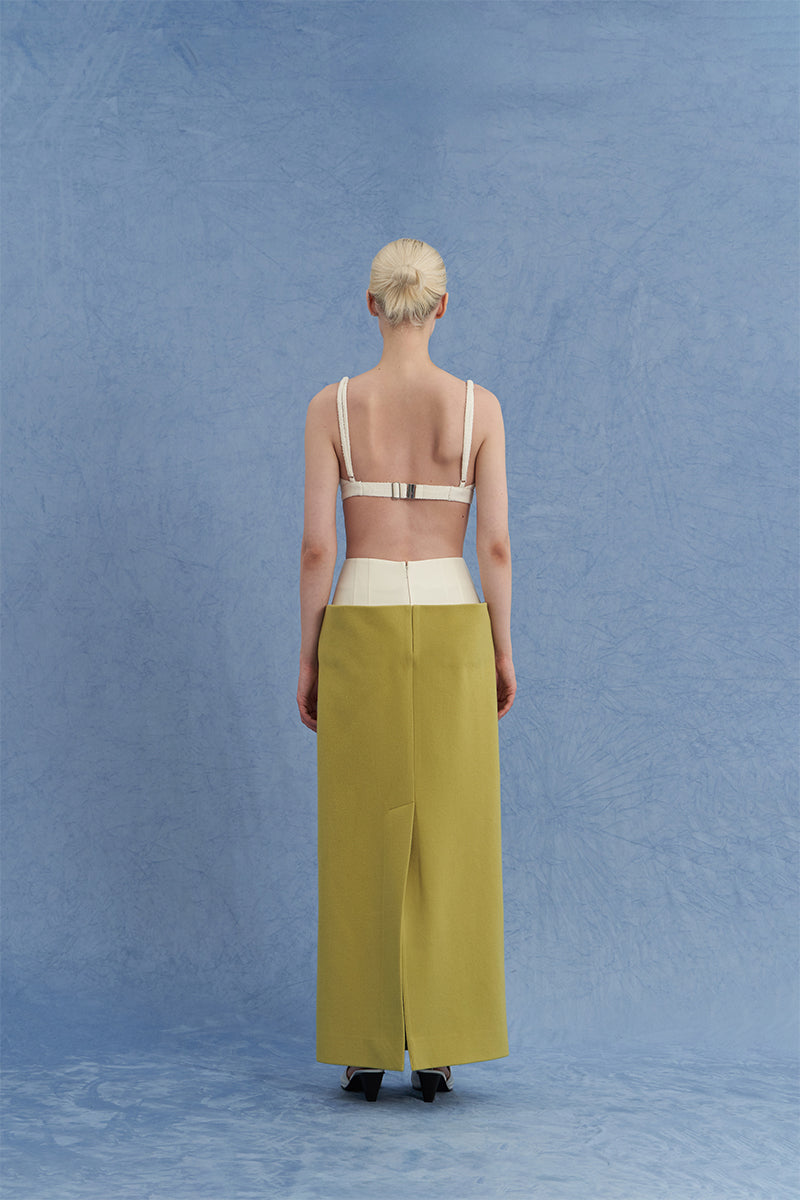 Green JINSUN tuxedo maxi pencil skirt shown from the back, featuring a fitted silhouette and elegant design.