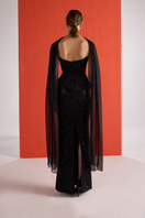Black embroidered corset co-ord set by Joanna Andraos, showing the back view with detailed embroidery and fitted design.