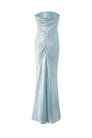 Aisl strapless ice blue maxi dress shown from the back, flowing fabric and elegant design perfect for formal occasions.