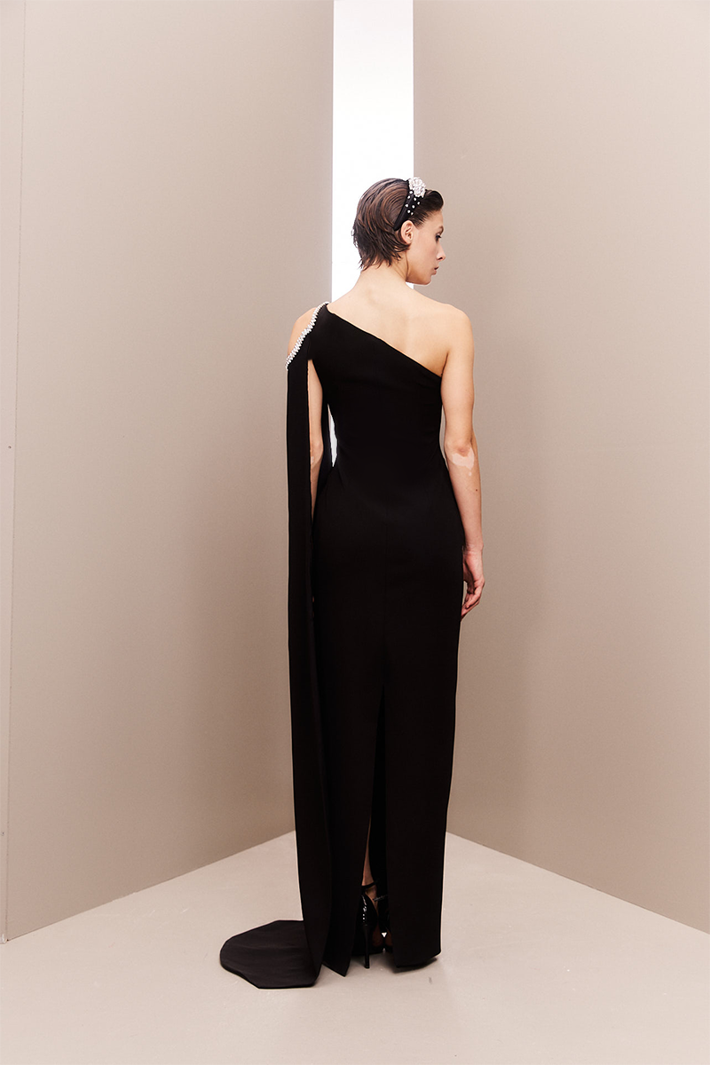 ASYMMETRIC STONE-EMBELLISHED BLACK GOWN - CULT MIA