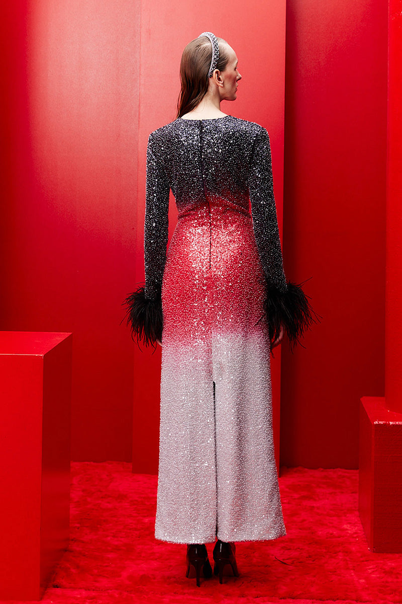 STUNNING OMBRÉ FULL-LENGTH GOWN WITH FEATHERED SLEEVES - CULT MIA