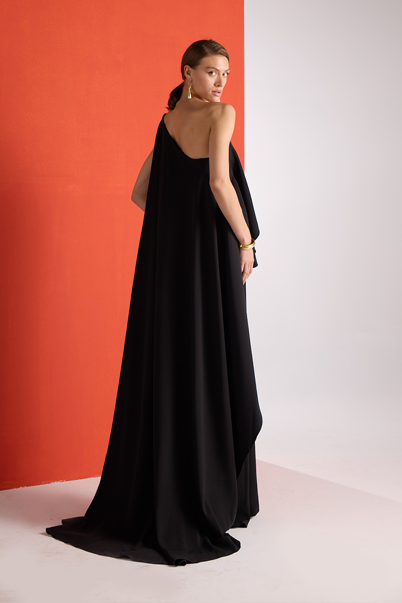 drape shoulder maxi dress Off-the-Shoulder Draped Neckline Maxi Dress in Midnight Navy (Blue)