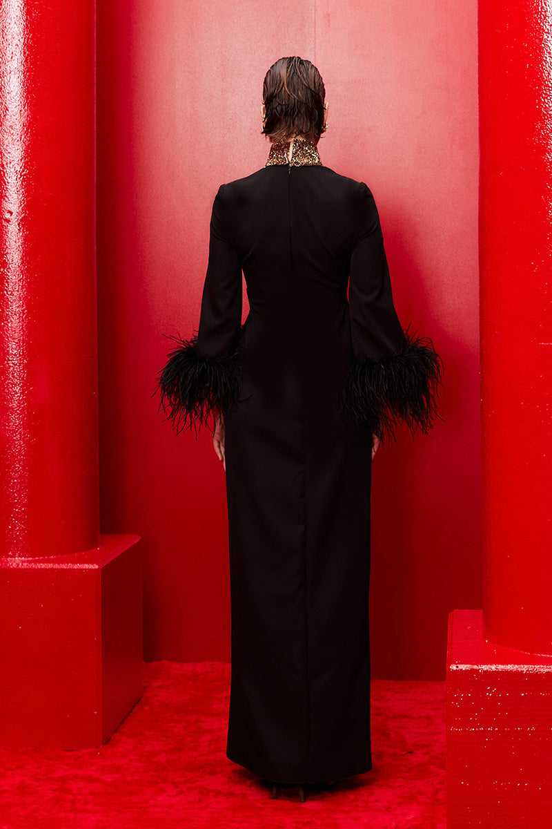 TWIST KNOT FULL-LENGTH BLACK GOWN WITH FEATHER - CULT MIA