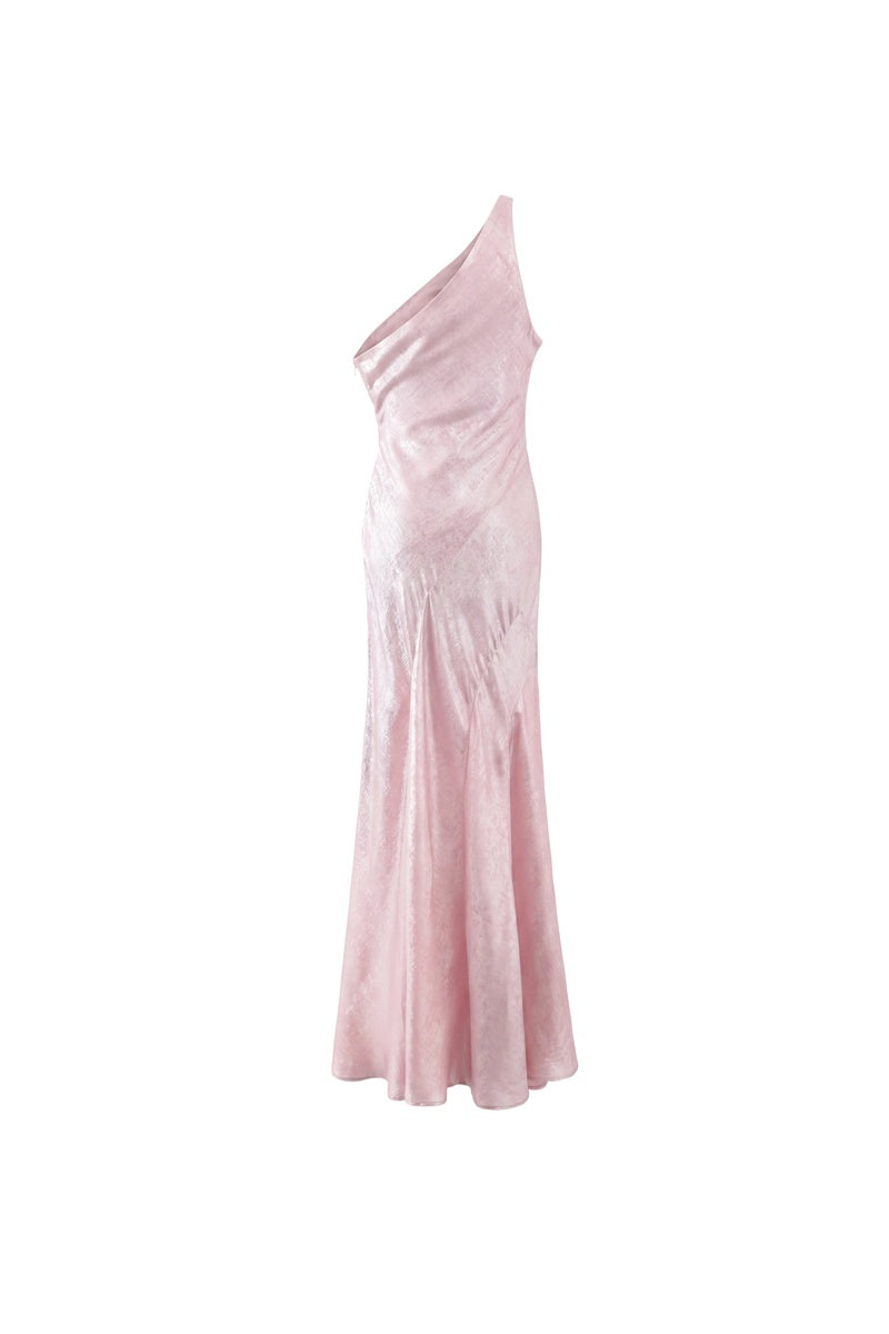 Aisl blush one-shoulder maxi dress shown from the back, flowing fabric and elegant design perfect for formal occasions.