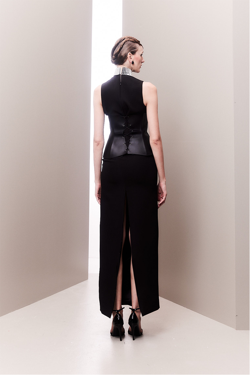 GLAMOUROUS MIRROR-EMBELLISHED GOWN WITH VEGAN CORSET BELT - CULT MIA