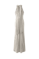 Aisl champagne halter maxi dress with a scarf, shown from the back, featuring elegant fabric and flowing design.