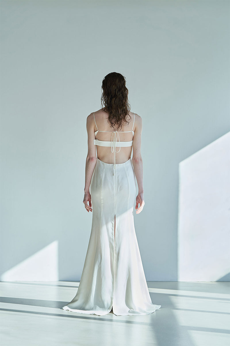 JINSUN Botanic embellished ivory cupro gown shown from the back with intricate floral embroidery and flowing fabric.