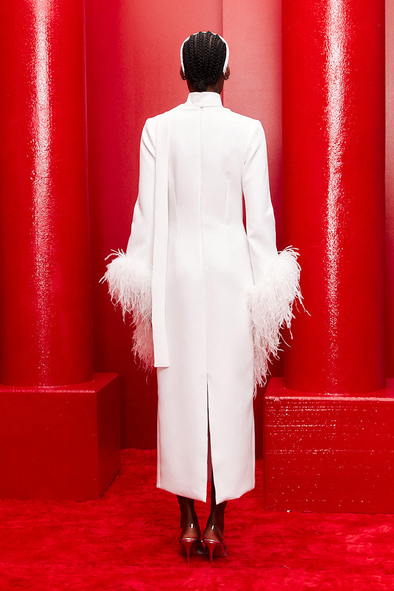 FEATHER-DETAIL HALTERNECK MIDI DRESS IN OFF WHITE - CULT MIA