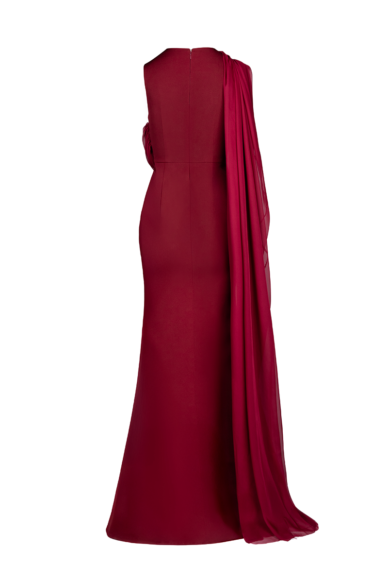 BURGUNDY ONE-SHOULDER CAPE DRESS | CULT MIA BURGUNDY ONE-SHOULDER CAPE DRESS | CULT MIA