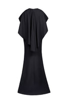 Back view of Joanna Andraos black cascade gown featuring flowing fabric and elegant design in a full-length gown.