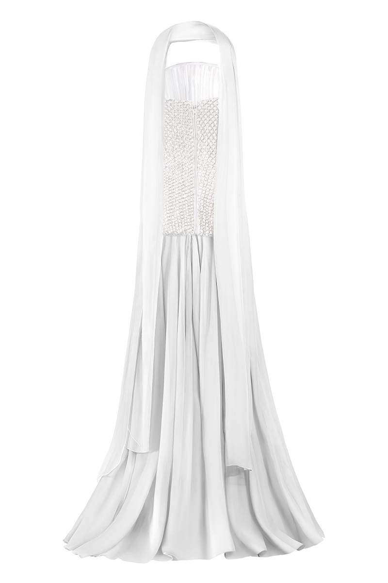 White strapless top and skirt co-ords set with matching scarf by Joanna Andraos, shown from the back.