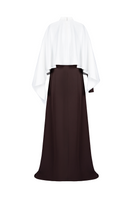 Joanna Andraos ivory evening gown with a flowing cape, back view, elegant design perfect for formal occasions.