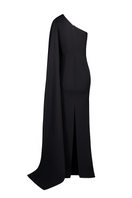Joanna Andraos Midnight Elegance one-shoulder gown back view, flowing black formal dress with elegant drape and sleek silhouette.
