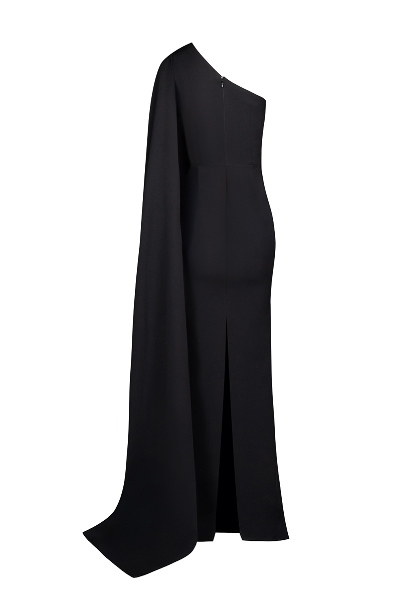 Joanna Andraos Midnight Elegance one-shoulder gown back view, flowing black formal dress with elegant drape and sleek silhouette.
