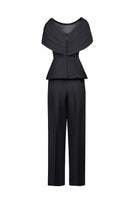 Joanna Andraos black crepe two-piece co-ord set with draped cape, shown from the back, elegant and stylish eveningwear.