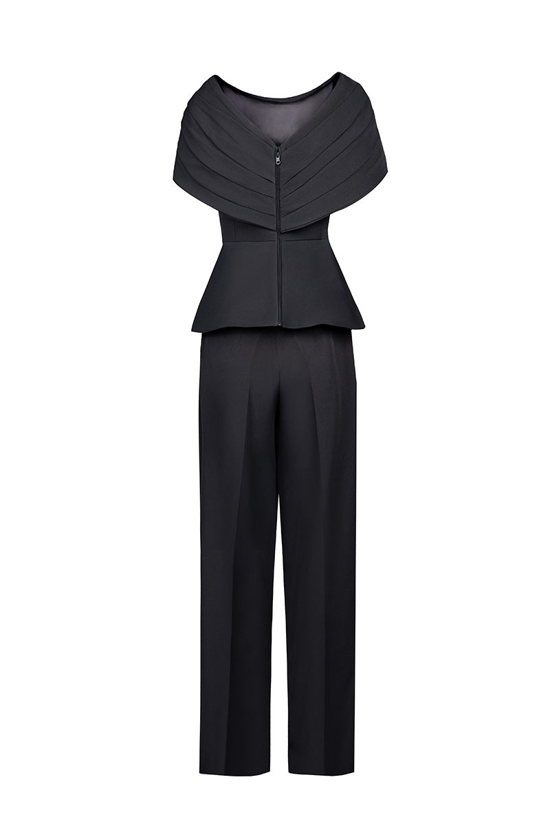 Joanna Andraos black crepe two-piece co-ord set with draped cape, shown from the back, elegant and stylish eveningwear.