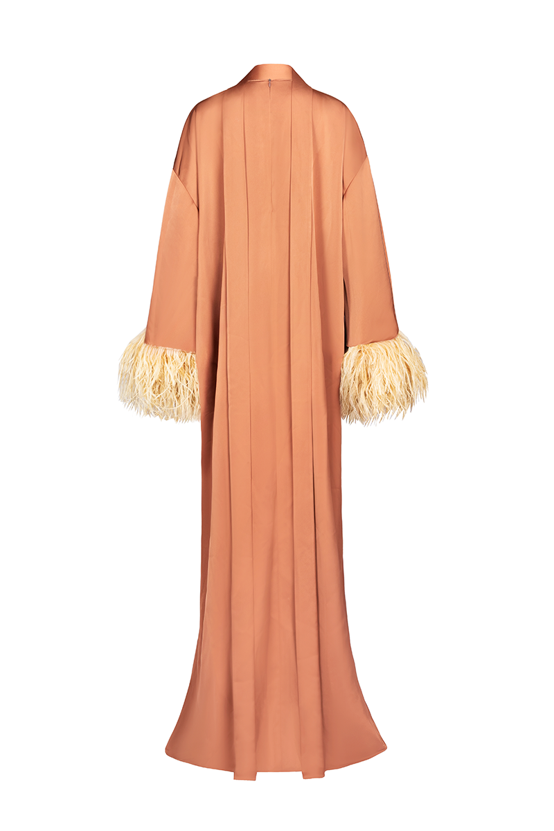 Joanna Andraos CULT MIA X Joanna Andraos Amber Silk-Effect Gown, back view showing flowing fabric and elegant silhouette.