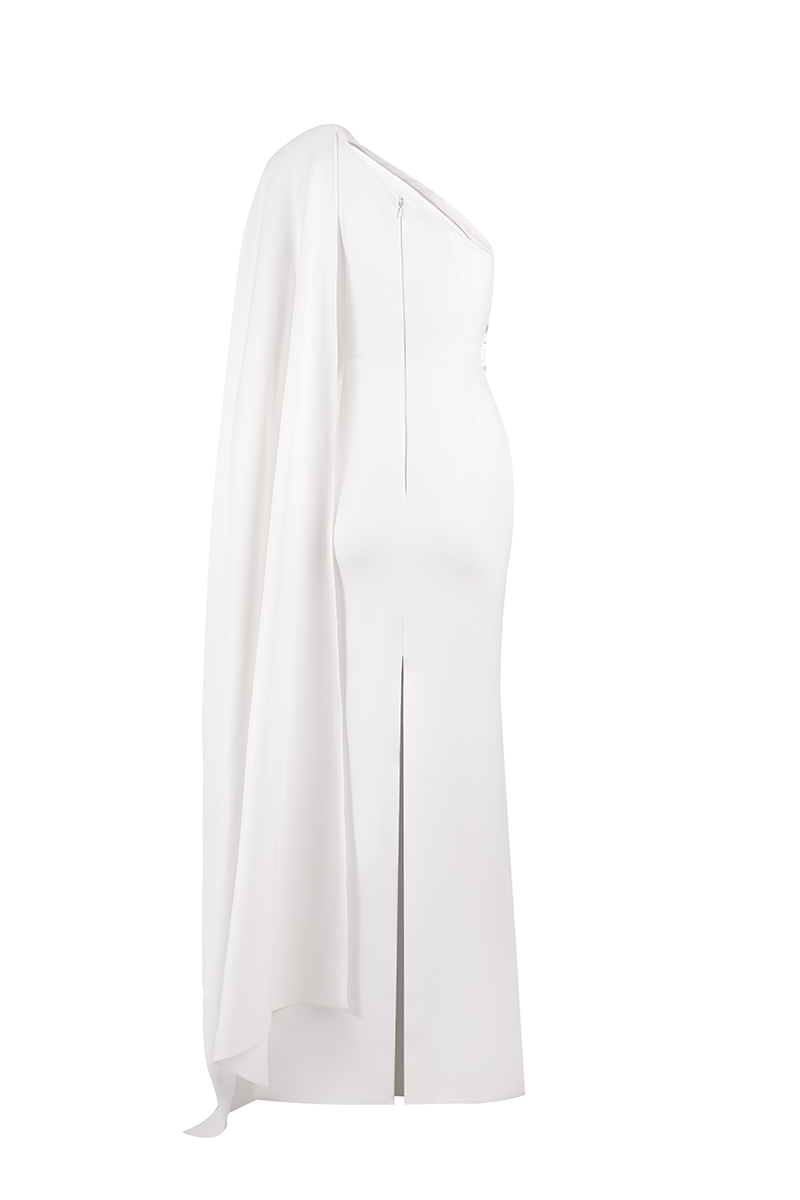 white maxi dress with scarf Ruffled Pleated and an elegant neck scarf detail CREPE DRESS WITH SCARF IN