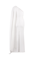 White crepe maxi dress with attached scarf by Joanna Andraos, shown from the back on a model.