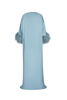 Joanna Andraos Cult Mia X gown featuring a silk tie-neck design with feathered sleeves, shown from the back.