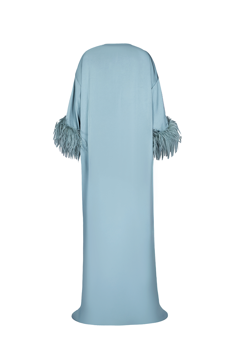 Joanna Andraos Cult Mia X gown featuring a silk tie-neck design with feathered sleeves, shown from the back.