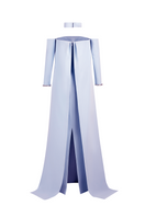 Back view of Joanna Andraos strapless crepe tube gown in baby blue, showcasing the fitted silhouette and elegant design.