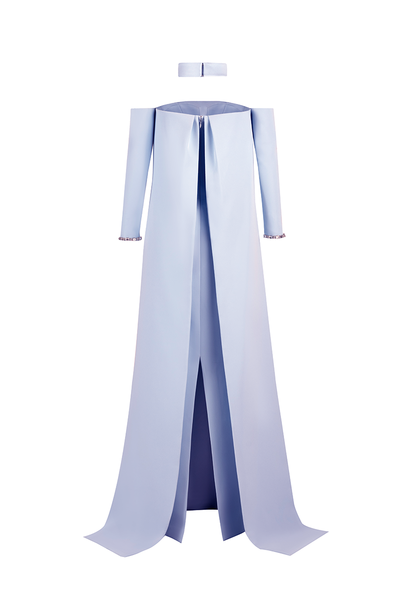 Back view of Joanna Andraos strapless crepe tube gown in baby blue, showcasing the fitted silhouette and elegant design.