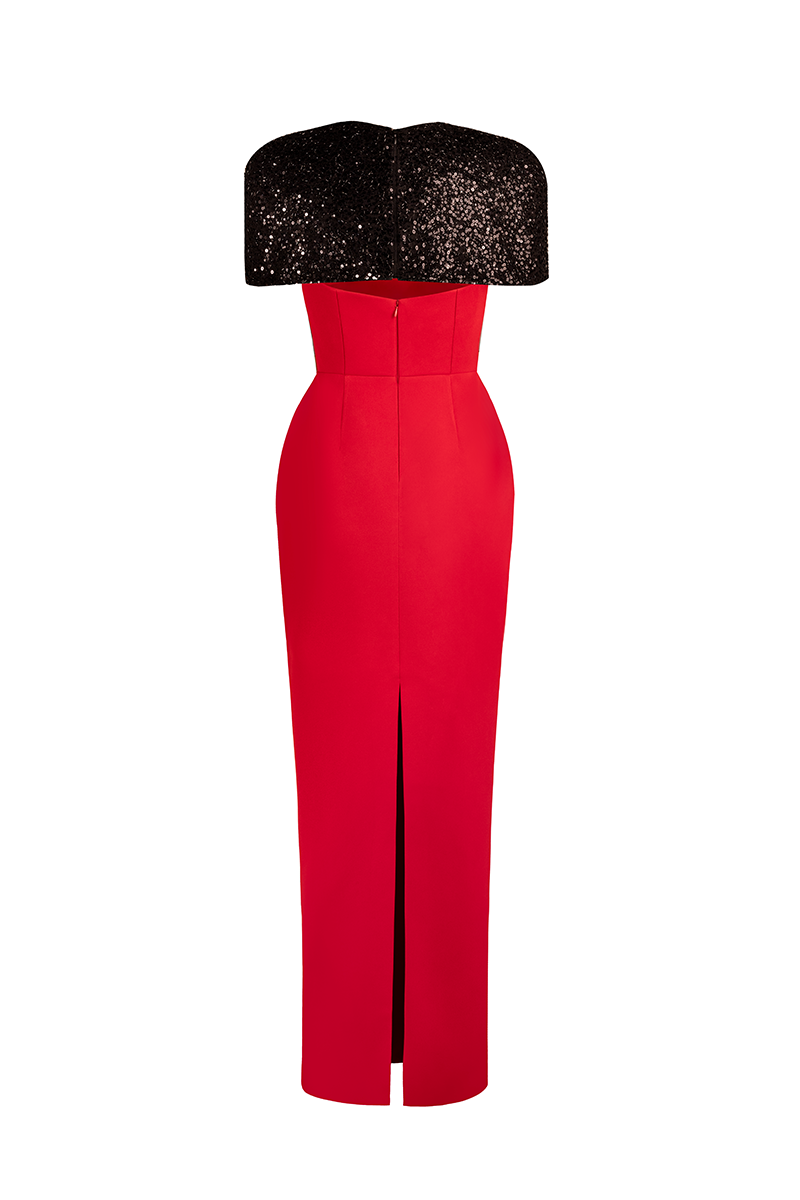 Joanna Andraos STRAPLESS TUBE DRESS WITH CAPE IN RED | Cult Mia Joanna Andraos STRAPLESS TUBE DRESS WITH CAPE IN RED | Cult Mia