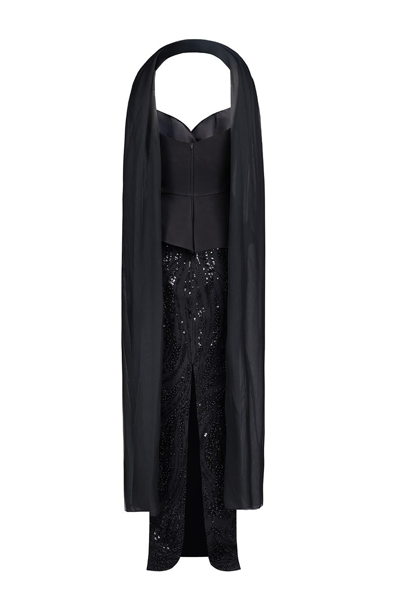 Black embroidered corset co-ord set from Joanna Andraos, shown from the back with detailed embroidery and fitted design.