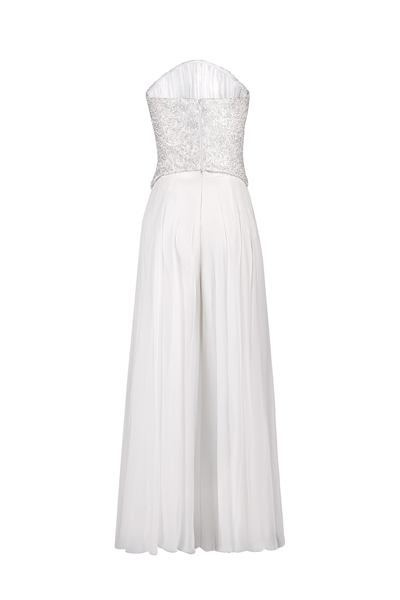 White Joanna Andraos corset top with matching palazzo trousers co-ord set, shown from the back, featuring structured design and wide-leg pants.